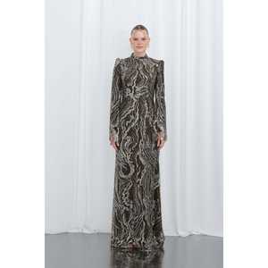 ชุดราตรีผ้าออร์แกนซ่าปักลายหรูหรา คอสูง เปิดหลัง สีมิงค์ โปร่งแสง กระชับเข้ารูป เอวธรรมชาติ แขนยาว - Product Image 3