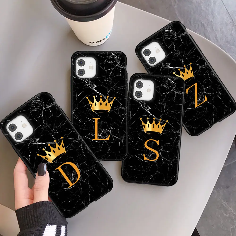 INS Luxury Black Marble Crown Letter Fashion Phone Case For iPhone 11 12 13 14 Pro Max Shockproof Case Soft TPU Back Cover