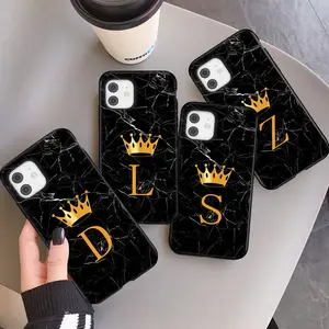 INS Luxe Noir Marbre Couronne Lettre Mode Téléphone étui pour iphone 11 12 13 14 Pro Max Antichoc Cas Souple TPU Couverture Arrière