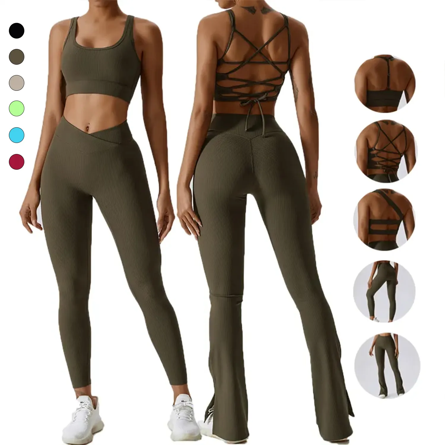 Activewear Gym Butt Lifting Sport Yoga Flare Leggings 5-delige Rib Yoga Fitness Sets Voor Fitness Snel Droog Vrouwen Gym Kleding