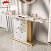 Table console moderne en pierre frittée, table console simple, plateau long décoratif en marbre, base en métal noir et or pour salon