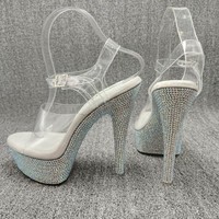 Sandales à talons hauts en cuir véritable, à bout ouvert, avec bride à boucle, antidérapantes, talon de 5 cm à l'avant et 15 cm à l'arrière, ultra-sexy, ornées de strass