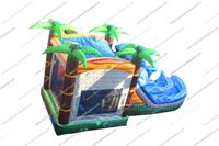 Structure aquatique combinée tropicale avec toboggan, château gonflable, parcours à roues en forme d'éléphant, pour événements promotionnels, location et usage commercial, et équipement d'escalade