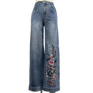 Jeans amples pour femme, broderie florale personnalisée, taille haute, en denim, style décontracté, haute couture OEM - Product Image 1