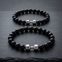 Nouveau Bracelet Bijou Perles Breloques Haltères Géométriques Gravées à la Main en Pierre d'Agate Noire Écologique, Vente Chaude Transfrontalière