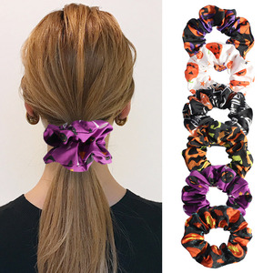 Chouchous en satin de soie pour femmes, thème Halloween (Citrouille, Crâne, Fantôme, Chauve-souris, Toile d'araignée), élastiques pour coiffures, 10 cm - Product Image 3