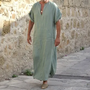 Abaya Thobe – robe longue en coton et lin pour hommes, Kaftan Vintage, ample, col en v, fendue, couleur unie, Robes arabes décontractées, tendance sur Internet