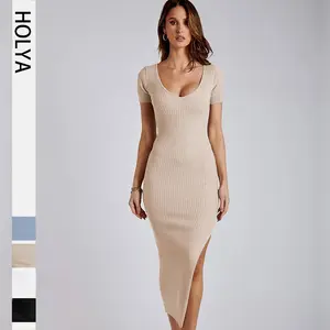 Vestido moda de malha, vestido de malha de quadril com divisão para mulheres vestido casual