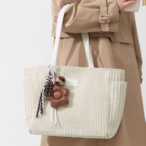 Bolsa de compras vintage, bolso de hombro informal y duradero, de pana de color liso para mujer, reutilizable - Product Image 3