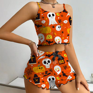 Côtelé Halloween imprimé sans manches haut à bretelles femmes costume fille chaude court Sexy jarretelle Shorts personnalisé vêtements de détente femmes ensembles - Product Image 4