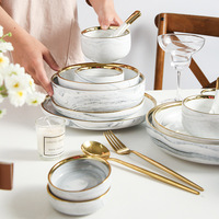 Ensemble de bols et d'assiettes en céramique à motif marbré avec bordure dorée, style luxe léger, pour la maison, vaisselle de table