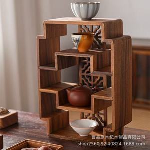 Walnut Wood Storage Rack 3 Tier <b>Desktop</b> Chinese Style Solid Wood Tea Set Display <b>Shelf</b> - Product Image 2