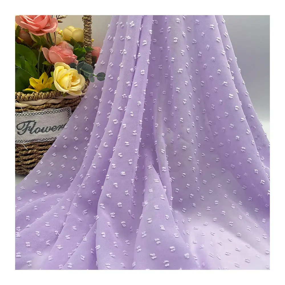 Eco-friendly Wholesale lilac cut flower jacquard pure chiffon fabric 100% polyester dot chiffon jacquard fabric for desss blouse scarf