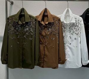 Blus Katun Bordir Payet Merek Mewah Kelas Atas Kemeja Wanita Musim Semi Musim Panas Musim Gugur Atasan Lengan Panjang Blus Wanita - Product Image 3
