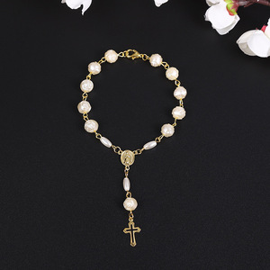 SC-pulsera con colgante de Cruz hueca <span class=keywords><strong>para</strong></span> mujer, brazalete con cuentas de Perla Rosa, <span class=keywords><strong>para</strong></span> <span class=keywords><strong>bautizo</strong></span>, novedad - Product Image 2