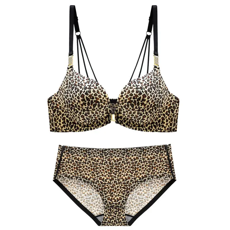 Lingerie feminina aberta de leopardo, conjunto de lingerie feminina clássica sem costura plus size