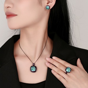 Lujo Dubai nupcial boda Boutique joyería conjunto mujer negro Oro Verde circón <span class=keywords><strong>Esmeralda</strong></span> anillo pendientes colgante collar - Product Image 2