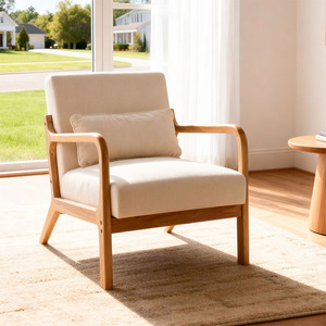 Sillón Moderno de Mediados de Siglo, Sillón de Diseño con Estructura de Madera Maciza <span class=keywords><strong>y</strong></span> Cojín Lumbar Desmontable, Sillón Individual Cuadrado Tipo F - Product Image 1