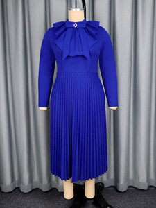 AM050850 elegante autunno con collo alto a manica lunga a trapezio plissettato blu Midi Plus Size formale <span class=keywords><strong>da</strong></span> <span class=keywords><strong>donna</strong></span> abito Casual <span class=keywords><strong>da</strong></span> chiesa - Product Image 4