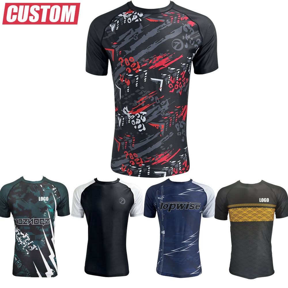 Diseño personalizado de silicona pretina MMA Rash Guards poliéster Spandex Grappling Nogi No Gi Jiu Jitsu Bjj Rash Guard Rashguards Bjj