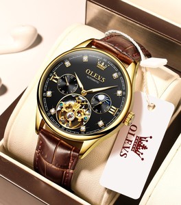Reloj Mecánico Automático de Moda para Hombre, Caja de Aleación de Lujo, Correa de Cuero, Fase Lunar, Esfera Analógica, Cristal Mineral Redondo de 40.5 mm - Product Image 1