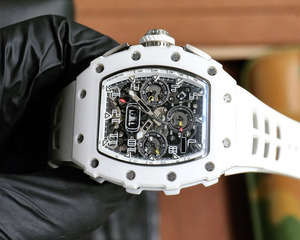 High-end White Carbon Fiber Tonneau Case White <b>Rubber</b> Strap Men's Luxury Racing Skeleton Sports Chronograph <b>Watch</b> - Product Image 1