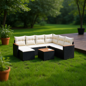 Ensemble de canapés de jardin noir et crème avec rotin PE résistant aux UV, mobilier d'extérieur au design contemporain, coussins imperméables - Product Image 2