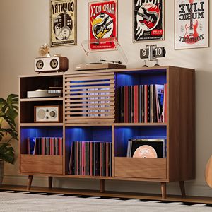 Support pour tourne-disque de style Mid-Century Modern, avec 2 tiroirs, grand support pour tourne-disque avec station de charge et éclairage LED - Product Image 1