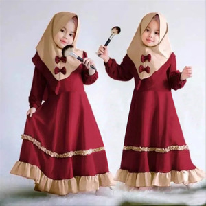 Vestido Islámico Abaya con Bloques de Color y Cuello Redondo de Manga Larga <span class=keywords><strong>para</strong></span> Niños de 0 a 3 Años y Traje Hijab <span class=keywords><strong>para</strong></span> Niños Musulmanes - Product Image 1