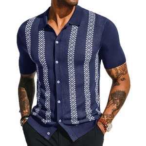 Chemises Polo Décontractées d'Été pour Hommes, Style Européen et Américain, Rayées, en Tricot Jacquard, Manches Courtes, Hauts en Tricot - Product Image 1