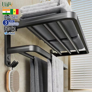 Étagère murale pour <span class=keywords><strong>serviettes</strong></span> avec 2 barres porte-<span class=keywords><strong>serviettes</strong></span> et 9 crochets, porte-<span class=keywords><strong>serviettes</strong></span> antirouille |   Rangement de salle de bain moderne - Product Image 1