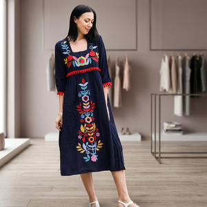Boho Maxi <b>Dress</b> Women 100% Cotton Hand Embroidered Floral Print <b>Loose</b> Fit Three Quarter Sleeve Square Neck Summer Casual <b>Dress</b> - Product Image 3