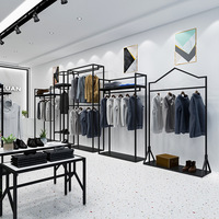 Porte-vêtements moderne sur pied en acier inoxydable et MDF plaqué, avec étagères amovibles à niveaux, montage facile, personnalisable pour magasin de détail