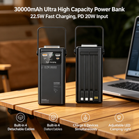 Batterie externe 30000mAh 22.5W à charge rapide avec 4 câbles intégrés, lampe de camping LED réglable, protection de sécurité multicouche