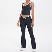 Ensemble de yoga TongJoes taille haute élastique, double face brossé, ajusté, respirant, avec détails croisés et jambes larges, pour le sport