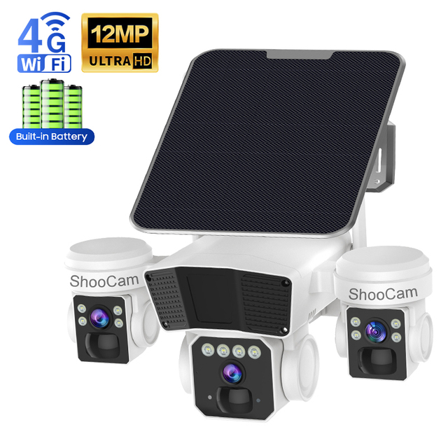 Okam 12MP 3 Lens 3 Screen 4G Sim Card Camera AI Human Tracking Two-Way Audio 360 Panoramic Outdoor Solar Wifi Security Camera