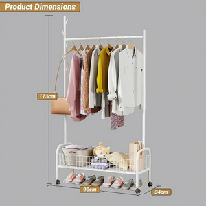 Minimalist Metal <b>Clothing</b> <b>Rack</b> With Wheels Double Tier Storage Holder For Living Room Standing Type Multifunctional Design - Product Image 4