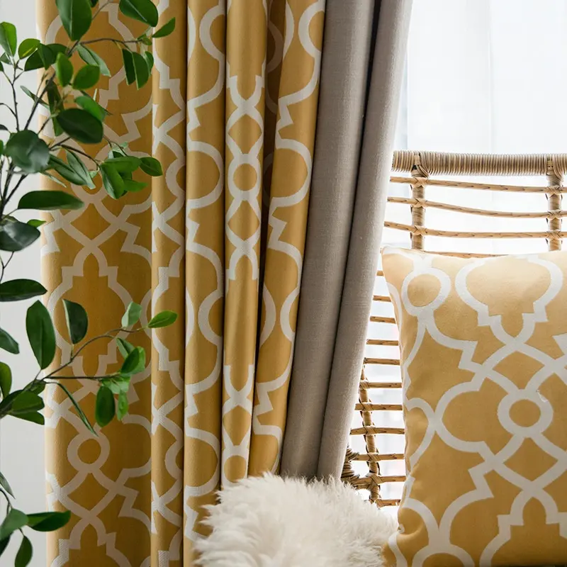 寝室のドレープのための居間の窓のカーテンのためのオレンジ色の綿のリネンの幾何学的なカーテンのパネル