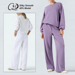 Silky Smooth Modal Fabric Mid Rise Drawstring Casual Straight-leg Pants with Pockets and Round Collar Long Sleeves <strong>Activwear</strong> <strong>Set</strong> - Product Image 1