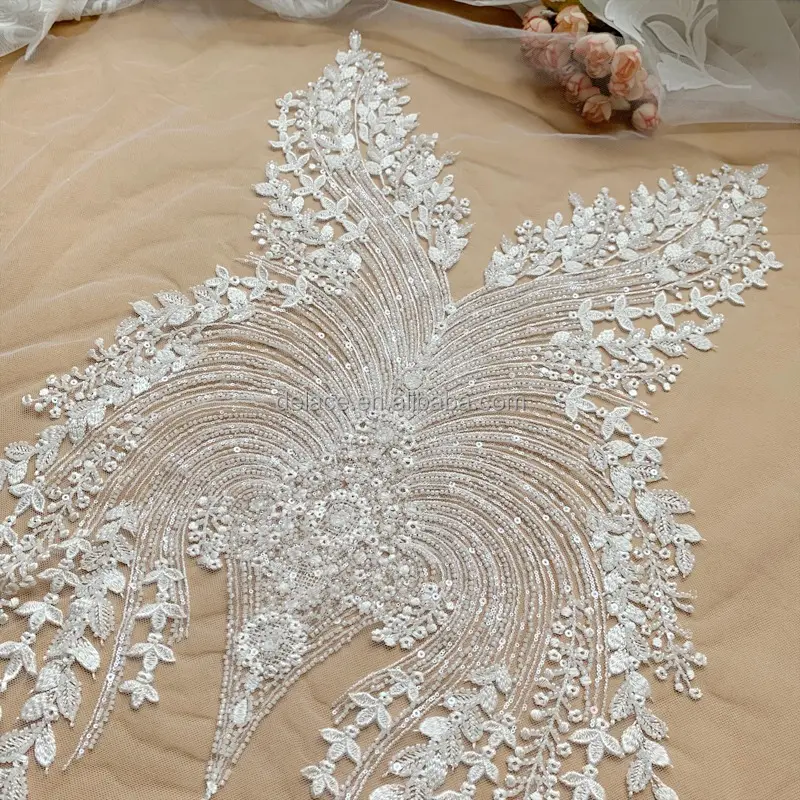 DELACE avorio paillettes appliques di pizzo con perline fantasia di lusso medaglione di pizzo luccicante medaglione per abito da sposa