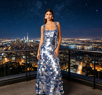 Robe longue de soirée élégante et scintillante pour femme, bleu dégradé, à paillettes, en mousseline, col halter, coupe trapèze, effet illusion, à séchage rapide