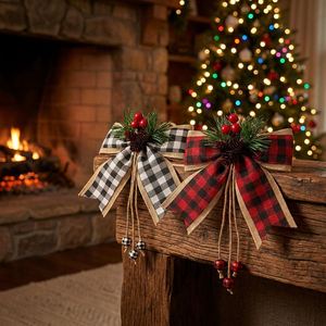 Handmade <b>Red</b> Black Checkered Burlap Rectangle Christmas Ribbon <b>Bows</b> Farmhouse Hanging Ornaments Wreath Front Door Holiday Party - Product Image 2