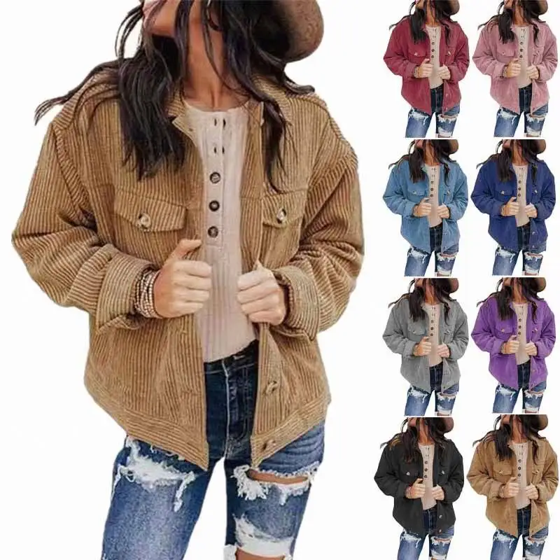 Großhandel Herbst und Winter individuelles Logo solide Farbe faltbare Kragenjacke Kartenjacke lose Denim-Jacke lässige Damenbekleidung