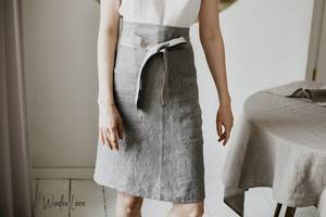 Tablier de cuisine unisexe mi-long en lin rayé gris naturel fait main jetable avec manches et poches pour femmes et hommes, idéal pour la restauration - Product Image 5