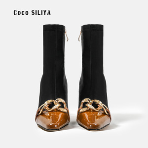Coco SILIYA Solid Ankle <b>Bootie</b> Boots Pointed Toe Chunky Heel 8cm up Plush Lining Fashion Height Increasing Buckle Decoration - Product Image 1