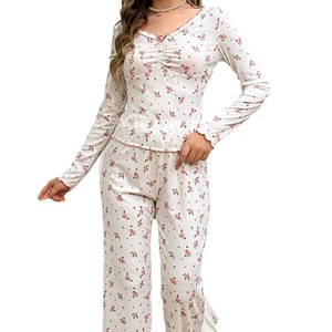 Vestito <span class=keywords><strong>da</strong></span> <span class=keywords><strong>donna</strong></span> con stampa floreale con fiocco e scollo a V lavorato a maglia a manica lunga <span class=keywords><strong>abbigliamento</strong></span> <span class=keywords><strong>da</strong></span> <span class=keywords><strong>notte</strong></span> per la vita quotidiana Casual Sexy autunno nuovo - Product Image 6