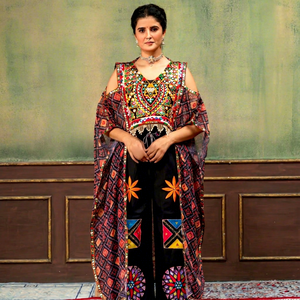 Conjunto Étnico de 3 Piezas para Mujer, Top Kaftan de Chifón Tejido con Lentejuelas Bordadas y Parches, Pantalones Anchos, Ropa para Bodas y Festivales - Product Image 1