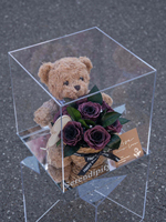 Bouquet de roses éternelles en gros pour la remise des diplômes, avec ours en peluche, boîte cadeau en acrylique transparent, arrangement floral durable, panier en rotin long