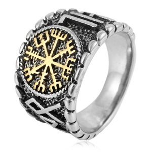 yunnique Nordic Retro Compass <b>Titanium</b> Steel <b>Ring</b> Men's Steel With Gold Accents Viking Symbol Jewelry Gift - Product Image 1