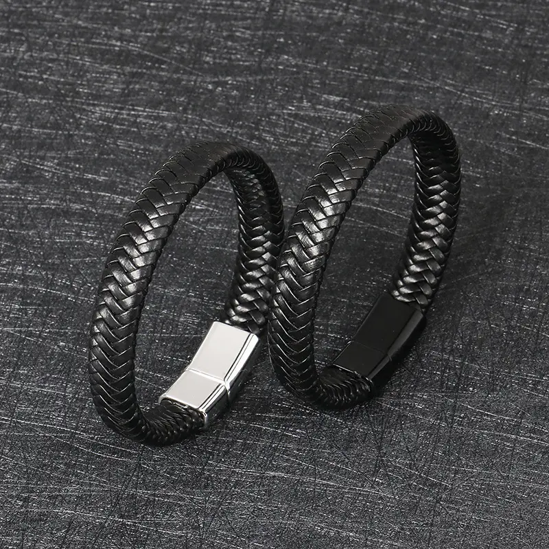Personality fashion woven leather bracelet stainless steel alloy magnetic buckle retro simple men's bracelet